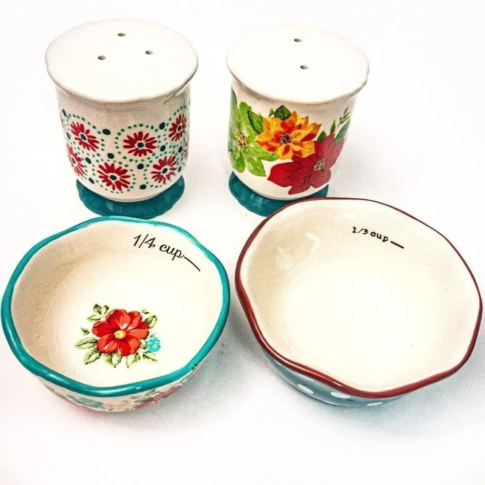 Pioneer Woman Shabby Chic Bundle: Salt & Pepper Shakers with Nesting Cups